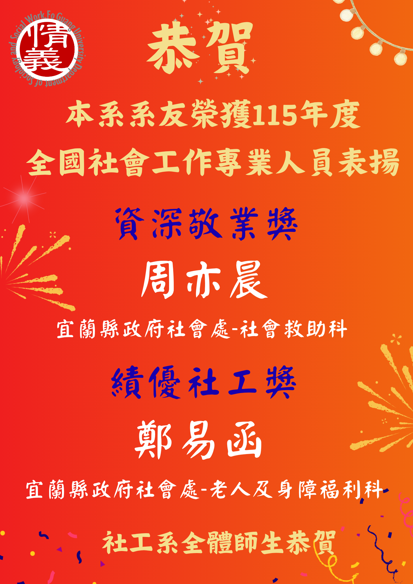 全國115年社會工作專業人員表揚