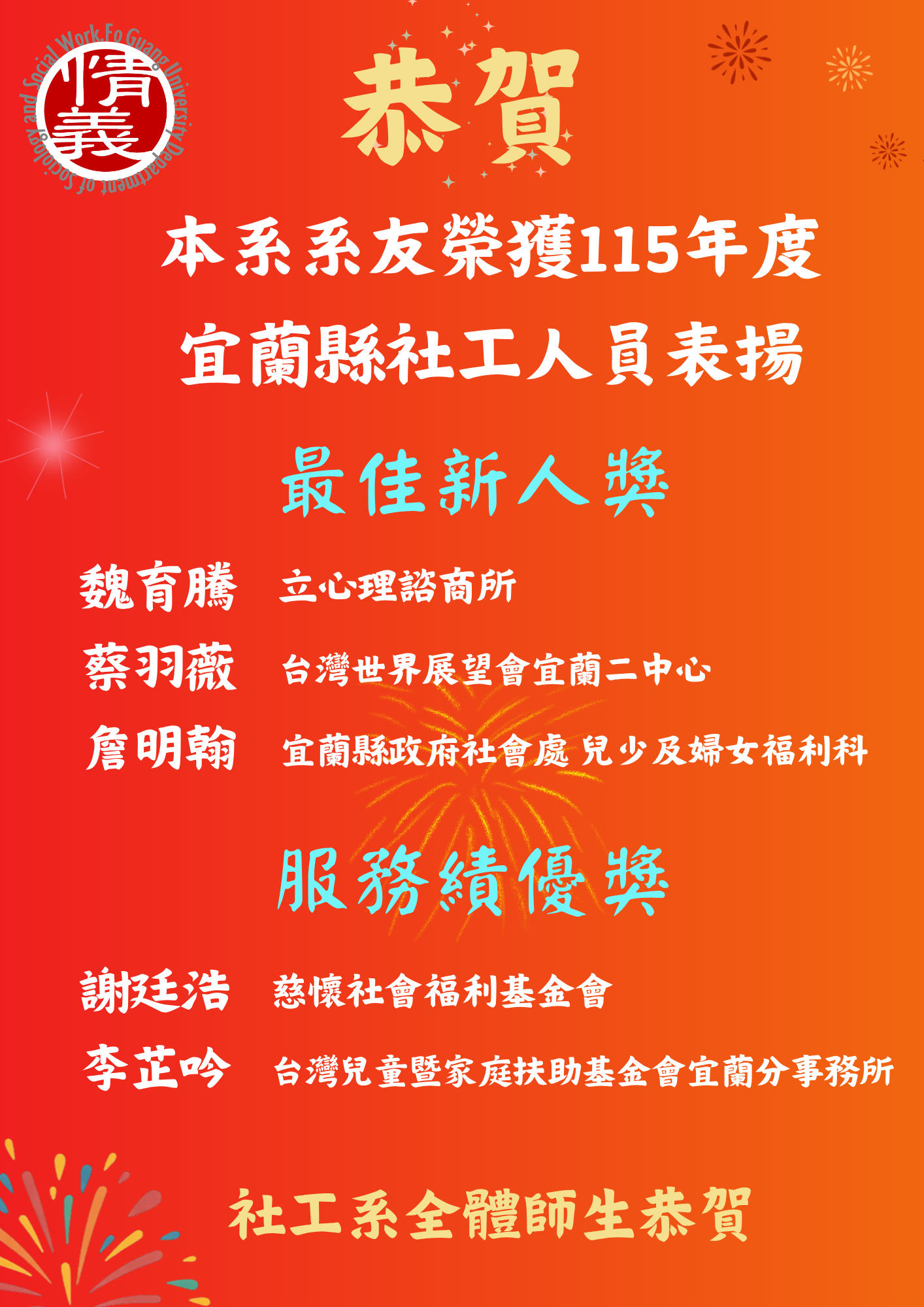 宜蘭縣115年社會工作專業人員表揚
